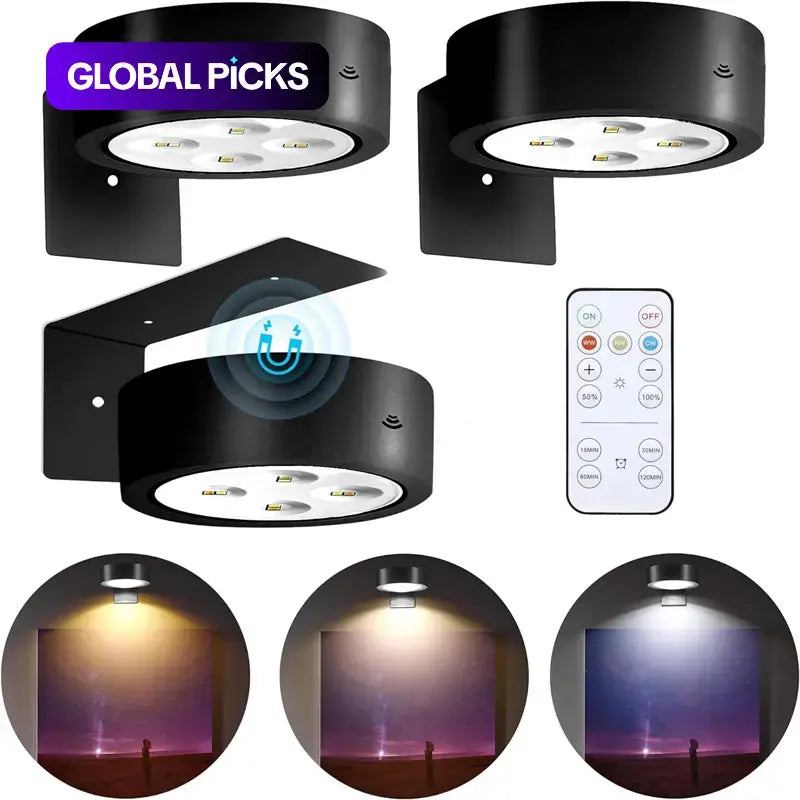 Battery-Operated Magnetic Picture Light, Wireless Wall-Mounted Lamp, Decorative Light, Indoor Wall Light with Remote Control and 3 Lighting Modes for Home Decor #GLOBAL PICKS